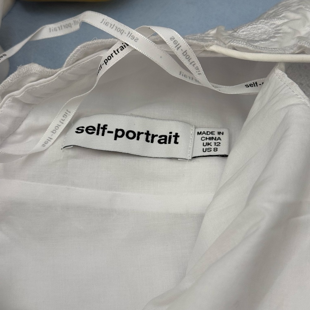 🆕 SELF-PORTRAIT 🧿 NWOT White Scallop Edge Off-Shoulder Mini Dress Sz UK12 US 8 - Picture 13 of 14